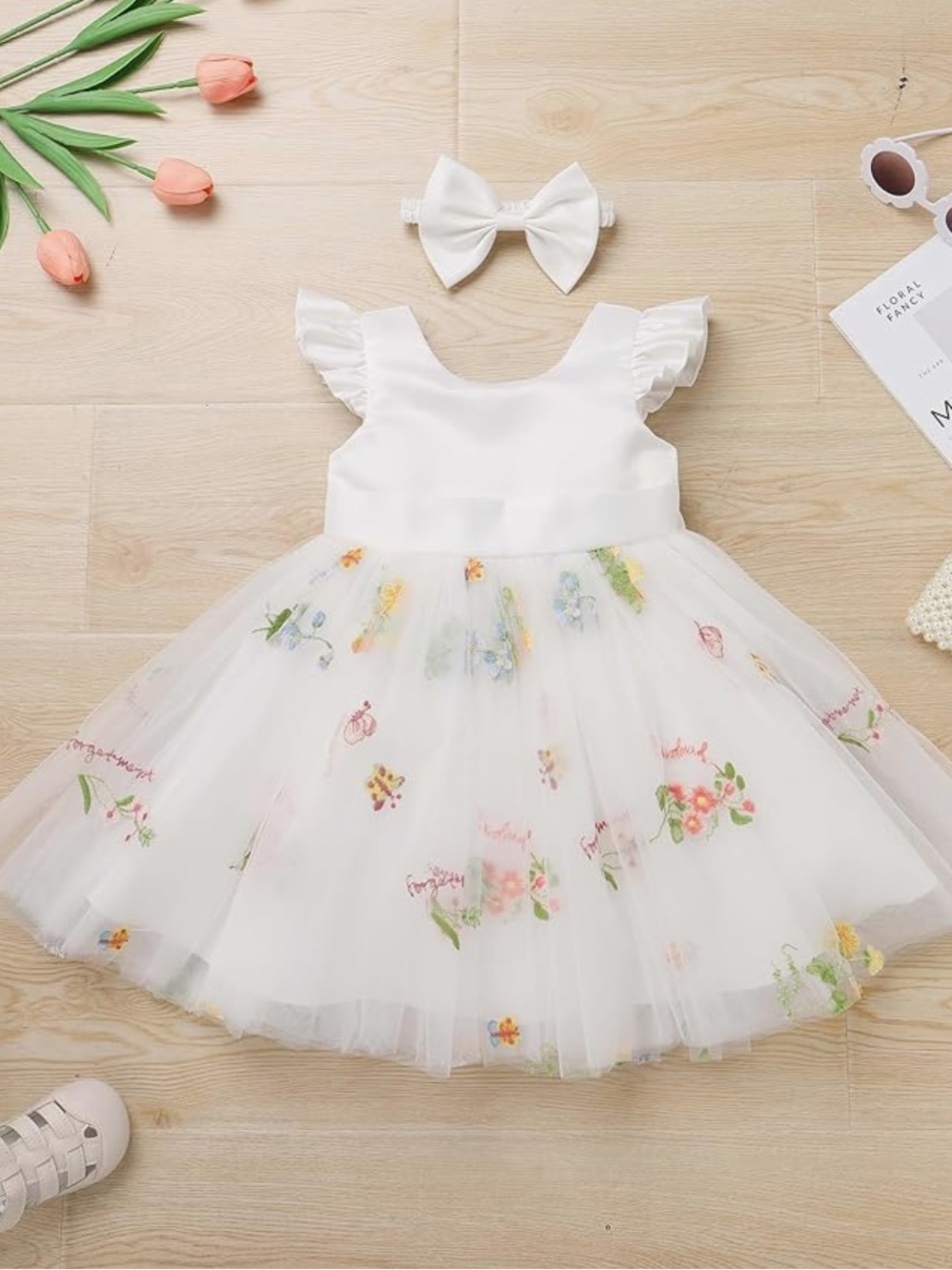 Infant Girl 9-12M White Floral Tulle Bow-Back Party Dress Ibtom Castle